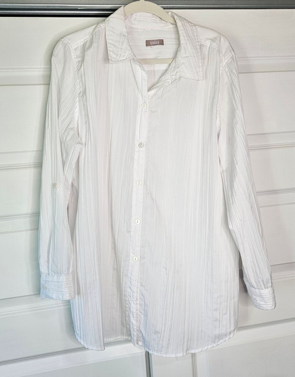 Chico's White Crinkle Gauze Long Roll Tab Sleeve Coastal Tunic Blouse Size 3